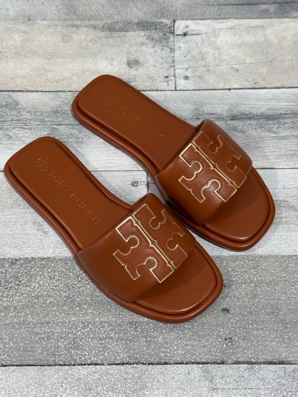 Tory Burch Double T Sport Slide Sandal - Bourbon Miele / Gold - Sz - 7 .Us